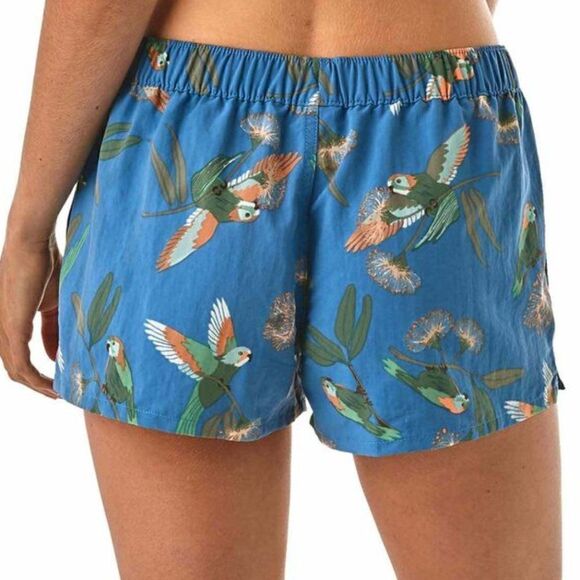 Patagonia Barely Baggies Womens Board Shorts Size XS Blue Parrot Novelty Print